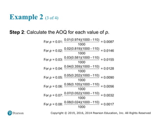 Copyright © 2019, 2016, 2014 Pearson Education, Inc. All Rights Reserved
Example 2 (3 of 4)
Step 2: Calculate the AOQ for each value of p.
0.01(0.974)(1000 110)
For = 0.01: = 0.0087
1000
0.02(0.819)(1000 110)
For = 0.02: = 0.0146
1000
0.03(0.581)(1000 110)
For = 0.03: = 0.0155
1000
0.04(0.359)(1000 110)
For = 0.04: = 0.0128
1000
For = 0.05
p
p
p
p
p




0.05(0.202)(1000 110)
: = 0.0090
1000
0.06(0.105)(1000 110)
For = 0.06: = 0.0056
1000
0.07(0.052)(1000 110)
For = 0.07: = 0.0032
1000
0.08(0.024)(1000 110)
For = 0.08: = 0.0017
1000
p
p
p




 