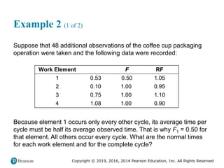 Copyright © 2019, 2016, 2014 Pearson Education, Inc. All Rights Reserved
Example 2 (1 of 2)
Suppose that 48 additional observations of the coffee cup packaging
operation were taken and the following data were recorded:
Work Element Blank F RF
1 0.53 0.50 1.05
2 0.10 1.00 0.95
3 0.75 1.00 1.10
4 1.08 1.00 0.90
Because element 1 occurs only every other cycle, its average time per
cycle must be half its average observed time. That is why F1 = 0.50 for
that element. All others occur every cycle. What are the normal times
for each work element and for the complete cycle?
 