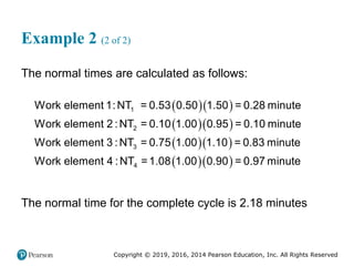 Copyright © 2019, 2016, 2014 Pearson Education, Inc. All Rights Reserved
Example 2 (2 of 2)
The normal times are calculated as follows:
  
  
  
  
1
2
3
4
Work element 1:NT = 0.53 0.50 1.50 = 0.28 minute
Work element 2 :NT = 0.10 1.00 0.95 = 0.10 minute
Work element 3 :NT = 0.75 1.00 1.10 = 0.83 minute
Work element 4 :NT =1.08 1.00 0.90 = 0.97 minute
The normal time for the complete cycle is 2.18 minutes
 