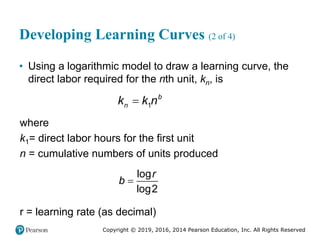 Copyright © 2019, 2016, 2014 Pearson Education, Inc. All Rights Reserved
Developing Learning Curves (2 of 4)
• Using a logarithmic model to draw a learning curve, the
direct labor required for the nth unit, kn, is
1
b
n
k k n

where
k1= direct labor hours for the first unit
n = cumulative numbers of units produced
log
log2
r
b 
r = learning rate (as decimal)
 