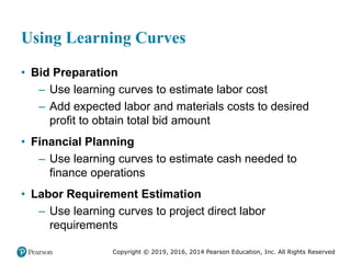 Copyright © 2019, 2016, 2014 Pearson Education, Inc. All Rights Reserved
Using Learning Curves
• Bid Preparation
– Use learning curves to estimate labor cost
– Add expected labor and materials costs to desired
profit to obtain total bid amount
• Financial Planning
– Use learning curves to estimate cash needed to
finance operations
• Labor Requirement Estimation
– Use learning curves to project direct labor
requirements
 