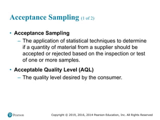 Copyright © 2019, 2016, 2014 Pearson Education, Inc. All Rights Reserved
Acceptance Sampling (1 of 2)
• Acceptance Sampling
– The application of statistical techniques to determine
if a quantity of material from a supplier should be
accepted or rejected based on the inspection or test
of one or more samples.
• Acceptable Quality Level (AQL)
– The quality level desired by the consumer.
 