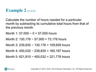 Copyright © 2019, 2016, 2014 Pearson Education, Inc. All Rights Reserved
Example 2 (4 of 6)
Calculate the number of hours needed for a particular
month by subtracting its cumulative total hours from that of
the previous month.
Month 1: 57,000 − 0 = 57,000 hours
Month 2: 130,176 − 57,000 = 73,176 hours
Month 3: 239,835 − 130,176 = 109,659 hours
Month 4: 400,032 − 239,835 = 160,197 hours
Month 5: 621,810 − 400,032 = 221,778 hours
 