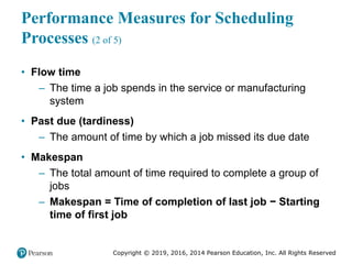 Copyright © 2019, 2016, 2014 Pearson Education, Inc. All Rights Reserved
Performance Measures for Scheduling
Processes (2 of 5)
• Flow time
– The time a job spends in the service or manufacturing
system
• Past due (tardiness)
– The amount of time by which a job missed its due date
• Makespan
– The total amount of time required to complete a group of
jobs
– Makespan = Time of completion of last job − Starting
time of first job
 