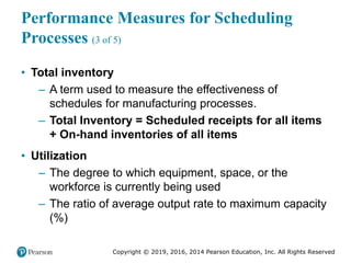 Copyright © 2019, 2016, 2014 Pearson Education, Inc. All Rights Reserved
Performance Measures for Scheduling
Processes (3 of 5)
• Total inventory
– A term used to measure the effectiveness of
schedules for manufacturing processes.
– Total Inventory = Scheduled receipts for all items
+ On-hand inventories of all items
• Utilization
– The degree to which equipment, space, or the
workforce is currently being used
– The ratio of average output rate to maximum capacity
(%)
 