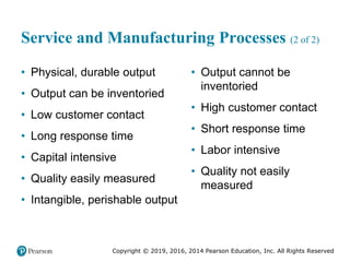 Copyright © 2019, 2016, 2014 Pearson Education, Inc. All Rights Reserved
Service and Manufacturing Processes (2 of 2)
• Physical, durable output
• Output can be inventoried
• Low customer contact
• Long response time
• Capital intensive
• Quality easily measured
• Intangible, perishable output
• Output cannot be
inventoried
• High customer contact
• Short response time
• Labor intensive
• Quality not easily
measured
 