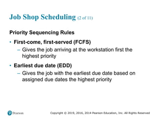 Copyright © 2019, 2016, 2014 Pearson Education, Inc. All Rights Reserved
Job Shop Scheduling (2 of 11)
Priority Sequencing Rules
• First-come, first-served (FCFS)
– Gives the job arriving at the workstation first the
highest priority
• Earliest due date (EDD)
– Gives the job with the earliest due date based on
assigned due dates the highest priority
 