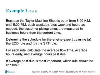 Copyright © 2019, 2016, 2014 Pearson Education, Inc. All Rights Reserved
Example 1 (2 of 8)
Because the Taylor Machine Shop is open from 8:00 A.M.
until 5:00 P.M. each weekday, plus weekend hours as
needed, the customer pickup times are measured in
business hours from the current time.
Determine the schedule for the engine expert by using (a)
the EDD rule and (b) the SPT rule.
For each rule, calculate the average flow time, average
hours early, and average hours past due.
If average past due is most important, which rule should be
chosen?
 