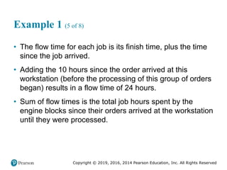 Copyright © 2019, 2016, 2014 Pearson Education, Inc. All Rights Reserved
Example 1 (5 of 8)
• The flow time for each job is its finish time, plus the time
since the job arrived.
• Adding the 10 hours since the order arrived at this
workstation (before the processing of this group of orders
began) results in a flow time of 24 hours.
• Sum of flow times is the total job hours spent by the
engine blocks since their orders arrived at the workstation
until they were processed.
 