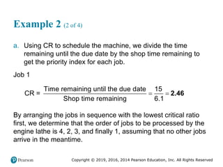 Copyright © 2019, 2016, 2014 Pearson Education, Inc. All Rights Reserved
Example 2 (2 of 4)
a. Using CR to schedule the machine, we divide the time
remaining until the due date by the shop time remaining to
get the priority index for each job.
Job 1
2.46
Time remaining until the due date 15
CR =
Shop time remaining 6.1
 
By arranging the jobs in sequence with the lowest critical ratio
first, we determine that the order of jobs to be processed by the
engine lathe is 4, 2, 3, and finally 1, assuming that no other jobs
arrive in the meantime.
 
