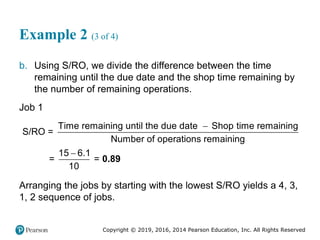 Copyright © 2019, 2016, 2014 Pearson Education, Inc. All Rights Reserved
Example 2 (3 of 4)
b. Using S/RO, we divide the difference between the time
remaining until the due date and the shop time remaining by
the number of remaining operations.
Job 1


Time remaining until the due date Shop time remaining
S/RO =
Number of operations remaining
15 6.1
= =
10
0.89
Arranging the jobs by starting with the lowest S/RO yields a 4, 3,
1, 2 sequence of jobs.
 