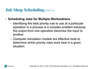 Copyright © 2019, 2016, 2014 Pearson Education, Inc. All Rights Reserved
Job Shop Scheduling (9 of 11)
• Scheduling Jobs for Multiple Workstations
– Identifying the best priority rule to use at a particular
operation in a process is a complex problem because
the output from one operation becomes the input to
another.
– Computer simulation models are effective tools to
determine which priority rules work best in a given
situation.
 