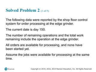 Copyright © 2019, 2016, 2014 Pearson Education, Inc. All Rights Reserved
Solved Problem 2 (1 of 5)
The following data were reported by the shop floor control
system for order processing at the edge grinder.
The current date is day 150.
The number of remaining operations and the total work
remaining include the operation at the edge grinder.
All orders are available for processing, and none have
been started yet.
Assume the jobs were available for processing at the same
time.
 