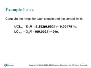 Copyright © 2019, 2016, 2014 Pearson Education, Inc. All Rights Reserved
Example 1 (2 of 5)
Compute the range for each sample and the control limits
4
3
UCL =D =
LCL =D =
R
R
R
R
2.282(0.0021) = 0.00479 in.
0(0.0021) = 0 in.
 
