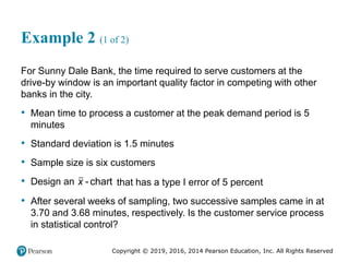Copyright © 2019, 2016, 2014 Pearson Education, Inc. All Rights Reserved
Example 2 (1 of 2)
For Sunny Dale Bank, the time required to serve customers at the
drive-by window is an important quality factor in competing with other
banks in the city.
• Mean time to process a customer at the peak demand period is 5
minutes
• Standard deviation is 1.5 minutes
• Sample size is six customers
• Design an -chart
x that has a type I error of 5 percent
• After several weeks of sampling, two successive samples came in at
3.70 and 3.68 minutes, respectively. Is the customer service process
in statistical control?
 