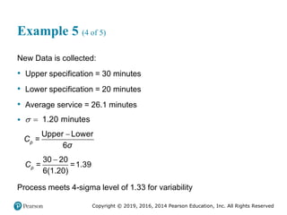 Copyright © 2019, 2016, 2014 Pearson Education, Inc. All Rights Reserved
Example 5 (4 of 5)
New Data is collected:
• Upper specification = 30 minutes
• Lower specification = 20 minutes
• Average service = 26.1 minutes
•   1.20 minutes

Upper Lower
=
6
p
C
σ

30 20
= =1.39
6(1.20)
p
C
Process meets 4-sigma level of 1.33 for variability
 