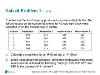 Copyright © 2019, 2016, 2014 Pearson Education, Inc. All Rights Reserved
Solved Problem 1 (1 of 5)
The Watson Electric Company produces incandescent light bulbs. The
following data on the number of lumens for 40-watt light bulbs were
collected when the process was in control.
Sample Observation 1 Observation 2 Observation 3 Observation 4
1 604 612 588 600
2 597 601 607 603
3 581 570 585 592
4 620 605 595 588
5 590 614 608 604
a. Calculate control limits for an R-Chart and an -Chart
x
b. Since these data were collected, some new employees were hired.
A new sample obtained the following readings: 625, 592, 612, and
635. Is the process still in control?
 