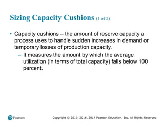 Copyright © 2019, 2016, 2014 Pearson Education, Inc. All Rights Reserved
Sizing Capacity Cushions (1 of 2)
• Capacity cushions – the amount of reserve capacity a
process uses to handle sudden increases in demand or
temporary losses of production capacity.
– It measures the amount by which the average
utilization (in terms of total capacity) falls below 100
percent.
 