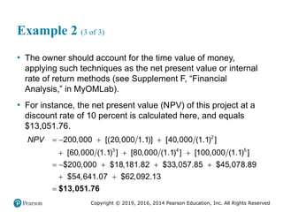 Copyright © 2019, 2016, 2014 Pearson Education, Inc. All Rights Reserved
Example 2 (3 of 3)
• The owner should account for the time value of money,
applying such techniques as the net present value or internal
rate of return methods (see Supplement F, “Financial
Analysis,” in MyOMLab).
• For instance, the net present value (NPV) of this project at a
discount rate of 10 percent is calculated here, and equals
$13,051.76.
$13,051.76
2
3 4 5
200,000 [(20,000 1.1)] [40,000 (1.1) ]
[60,000 (1.1) ] [80,000 (1.1) ] [100,000 (1.1) ]
$200,000 $18,181.82 $33,057.85 $45,078.89
$54,641.07 $62,092.13
NPV    
  
    
 

 
