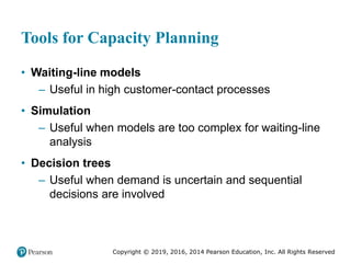 Copyright © 2019, 2016, 2014 Pearson Education, Inc. All Rights Reserved
Tools for Capacity Planning
• Waiting-line models
– Useful in high customer-contact processes
• Simulation
– Useful when models are too complex for waiting-line
analysis
• Decision trees
– Useful when demand is uncertain and sequential
decisions are involved
 