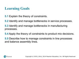 Copyright © 2019, 2016, 2014 Pearson Education, Inc. All Rights Reserved
Learning Goals
5.1 Explain the theory of constraints.
5.2 Identify and manage bottlenecks in service processes.
5.3 Identify and manage bottlenecks in manufacturing
processes.
5.4 Apply the theory of constraints to product mix decisions.
5.5 Describe how to manage constraints in line processes
and balance assembly lines.
 