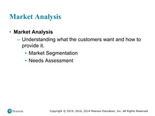 Copyright © 2019, 2016, 2014 Pearson Education, Inc. All Rights Reserved
Market Analysis
• Market Analysis
– Understanding what the customers want and how to
provide it.
▪ Market Segmentation
▪ Needs Assessment
 