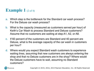 Copyright © 2019, 2016, 2014 Pearson Education, Inc. All Rights Reserved
Example 1 (2 of 4)
a. Which step is the bottleneck for the Standard car wash process?
For the Deluxe car wash process?
b. What is the capacity (measured as customers served per hour) of
Keith’s Car Wash to process Standard and Deluxe customers?
Assume that no customers are waiting at step A1, A2, or A8.
c. If 60 percent of the customers are Standard and 40 percent are
Deluxe, what is the average capacity of the car wash in customers
per hour?
d. Where would you expect Standard wash customers to experience
waiting lines, assuming that new customers are always entering the
shop and that no Deluxe customers are in the shop? Where would
the Deluxe customers have to wait, assuming no Standard
customers?
 