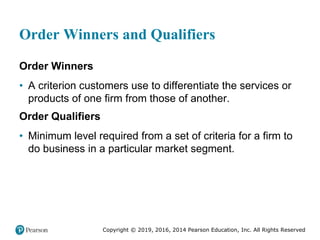 Copyright © 2019, 2016, 2014 Pearson Education, Inc. All Rights Reserved
Order Winners and Qualifiers
Order Winners
• A criterion customers use to differentiate the services or
products of one firm from those of another.
Order Qualifiers
• Minimum level required from a set of criteria for a firm to
do business in a particular market segment.
 