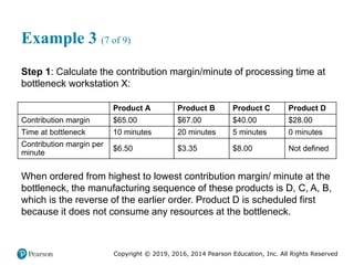 Copyright © 2019, 2016, 2014 Pearson Education, Inc. All Rights Reserved
Example 3 (7 of 9)
Step 1: Calculate the contribution margin/minute of processing time at
bottleneck workstation X:
Blank Product A Product B Product C Product D
Contribution margin $65.00 $67.00 $40.00 $28.00
Time at bottleneck 10 minutes 20 minutes 5 minutes 0 minutes
Contribution margin per
minute
$6.50 $3.35 $8.00 Not defined
When ordered from highest to lowest contribution margin/ minute at the
bottleneck, the manufacturing sequence of these products is D, C, A, B,
which is the reverse of the earlier order. Product D is scheduled first
because it does not consume any resources at the bottleneck.
 