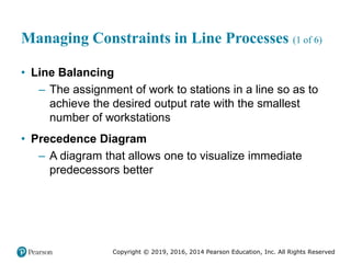 Copyright © 2019, 2016, 2014 Pearson Education, Inc. All Rights Reserved
Managing Constraints in Line Processes (1 of 6)
• Line Balancing
– The assignment of work to stations in a line so as to
achieve the desired output rate with the smallest
number of workstations
• Precedence Diagram
– A diagram that allows one to visualize immediate
predecessors better
 