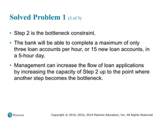 Copyright © 2019, 2016, 2014 Pearson Education, Inc. All Rights Reserved
Solved Problem 1 (5 of 5)
• Step 2 is the bottleneck constraint.
• The bank will be able to complete a maximum of only
three loan accounts per hour, or 15 new loan accounts, in
a 5-hour day.
• Management can increase the flow of loan applications
by increasing the capacity of Step 2 up to the point where
another step becomes the bottleneck.
 