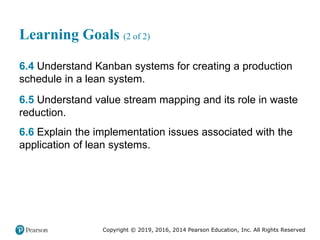 Copyright © 2019, 2016, 2014 Pearson Education, Inc. All Rights Reserved
Learning Goals (2 of 2)
6.4 Understand Kanban systems for creating a production
schedule in a lean system.
6.5 Understand value stream mapping and its role in waste
reduction.
6.6 Explain the implementation issues associated with the
application of lean systems.
 