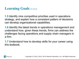 Copyright © 2019, 2016, 2014 Pearson Education, Inc. All Rights Reserved
Learning Goals (2 of 2)
1.5 Identify nine competitive priorities used in operations
strategy, and explain how a consistent pattern of decisions
can develop organizational capabilities.
1.6 Identify the latest trends in operations management and
understand how, given these trends, firms can address the
challenges facing operations and supply chain managers in
a firm.
1.7 Understand how to develop skills for your career using
this textbook.
 