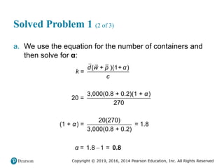 Copyright © 2019, 2016, 2014 Pearson Education, Inc. All Rights Reserved
Solved Problem 1 (2 of 3)
a. We use the equation for the number of containers and
then solve for α:
( )(1+ )
3,000(0.8 + 0.2)(1 + )
20 =
270
20(270)
(1 + ) = = 1.8
3,000(0.8 + 0.2)
1.8 1 =
d w + p α
k =
c
α
α
α =  0.8
 