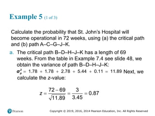 Copyright © 2019, 2016, 2014 Pearson Education, Inc. All Rights Reserved
Example 5 (1 of 3)
Calculate the probability that St. John’s Hospital will
become operational in 72 weeks, using (a) the critical path
and (b) path A–C–G–J–K.
a. The critical path B–D–H–J–K has a length of 69
weeks. From the table in Example 7.4 see slide 48, we
obtain the variance of path B–D–H–J–K:
1.78 1.78 2.78 5.44 0.11 11.89
     
2
p
σ Next, we
calculate the z-value:
72 69 3
0.87
3.45
11.89
z

  
 