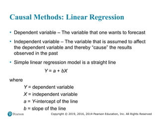 Copyright © 2019, 2016, 2014 Pearson Education, Inc. All Rights Reserved
Causal Methods: Linear Regression
• Dependent variable – The variable that one wants to forecast
• Independent variable – The variable that is assumed to affect
the dependent variable and thereby “cause” the results
observed in the past
• Simple linear regression model is a straight line
Y = a + bX
where
Y = dependent variable
X = independent variable
a = Y-intercept of the line
b = slope of the line
 