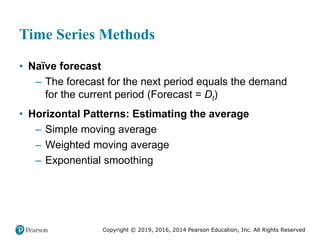 Copyright © 2019, 2016, 2014 Pearson Education, Inc. All Rights Reserved
Time Series Methods
• Naïve forecast
– The forecast for the next period equals the demand
for the current period (Forecast = Dt)
• Horizontal Patterns: Estimating the average
– Simple moving average
– Weighted moving average
– Exponential smoothing
 