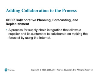 Copyright © 2019, 2016, 2014 Pearson Education, Inc. All Rights Reserved
Adding Collaboration to the Process
CPFR Collaborative Planning, Forecasting, and
Replenishment
• A process for supply chain integration that allows a
supplier and its customers to collaborate on making the
forecast by using the Internet.
 