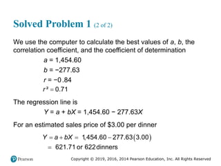 Copyright © 2019, 2016, 2014 Pearson Education, Inc. All Rights Reserved
Solved Problem 1 (2 of 2)
We use the computer to calculate the best values of a, b, the
correlation coefficient, and the coefficient of determination
a = 1,454.60
b = −277.63
r = −0.84
² 0.71
r 
The regression line is
Y = a + bX = 1,454.60 − 277.63X
For an estimated sales price of $3.00 per dinner
 
1,454.60 277.63 3.00
621.71 or 622dinners
Y a bX
   

 