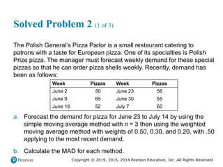 Copyright © 2019, 2016, 2014 Pearson Education, Inc. All Rights Reserved
Solved Problem 2 (1 of 3)
The Polish General’s Pizza Parlor is a small restaurant catering to
patrons with a taste for European pizza. One of its specialties is Polish
Prize pizza. The manager must forecast weekly demand for these special
pizzas so that he can order pizza shells weekly. Recently, demand has
been as follows:
Week Pizzas Week Pizzas
June 2 50 June 23 56
June 9 65 June 30 55
June 16 52 July 7 60
a. Forecast the demand for pizza for June 23 to July 14 by using the
simple moving average method with n = 3 then using the weighted
moving average method with weights of 0.50, 0.30, and 0.20, with .50
applying to the most recent demand.
b. Calculate the MAD for each method.
 
