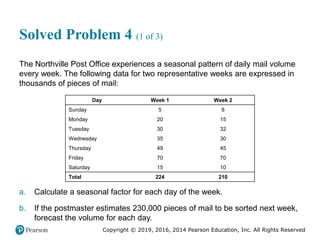 Copyright © 2019, 2016, 2014 Pearson Education, Inc. All Rights Reserved
Solved Problem 4 (1 of 3)
The Northville Post Office experiences a seasonal pattern of daily mail volume
every week. The following data for two representative weeks are expressed in
thousands of pieces of mail:
Day Week 1 Week 2
Sunday 5 8
Monday 20 15
Tuesday 30 32
Wednesday 35 30
Thursday 49 45
Friday 70 70
Saturday 15 10
Total 224 210
a. Calculate a seasonal factor for each day of the week.
b. If the postmaster estimates 230,000 pieces of mail to be sorted next week,
forecast the volume for each day.
 