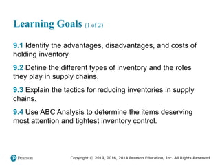 Copyright © 2019, 2016, 2014 Pearson Education, Inc. All Rights Reserved
Learning Goals (1 of 2)
9.1 Identify the advantages, disadvantages, and costs of
holding inventory.
9.2 Define the different types of inventory and the roles
they play in supply chains.
9.3 Explain the tactics for reducing inventories in supply
chains.
9.4 Use ABC Analysis to determine the items deserving
most attention and tightest inventory control.
 