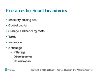 Copyright © 2019, 2016, 2014 Pearson Education, Inc. All Rights Reserved
Pressures for Small Inventories
• Inventory holding cost
• Cost of capital
• Storage and handling costs
• Taxes
• Insurance
• Shrinkage
– Pilferage
– Obsolescence
– Deterioration
 