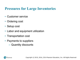 Copyright © 2019, 2016, 2014 Pearson Education, Inc. All Rights Reserved
Pressures for Large Inventories
• Customer service
• Ordering cost
• Setup cost
• Labor and equipment utilization
• Transportation cost
• Payments to suppliers
– Quantity discounts
 