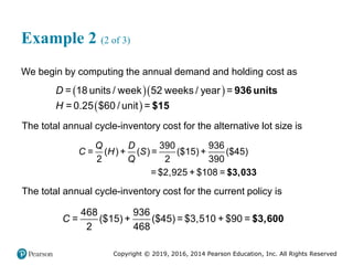 Copyright © 2019, 2016, 2014 Pearson Education, Inc. All Rights Reserved
Example 2 (2 of 3)
We begin by computing the annual demand and holding cost as
  
 
D
H
= 18 units / week 52 weeks / year =
= 0.25 $60 / unit =
936 units
$15
The total annual cycle-inventory cost for the alternative lot size is
Q D
C H S
Q
390 936
= ( ) + ( ) = ($15) + ($45)
2 2 390
= $2,925 + $108 = $3,033
The total annual cycle-inventory cost for the current policy is
468 936
= ($15) + ($45) = $3,510 + $90 =
2 468
C $3,600
 