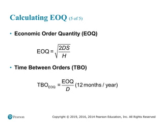 Copyright © 2019, 2016, 2014 Pearson Education, Inc. All Rights Reserved
Calculating EOQ (5 of 5)
• Economic Order Quantity (EOQ)
2
EOQ =
DS
H
• Time Between Orders (TBO)
EOQ
EOQ
TBO = (12 months / year)
D
 