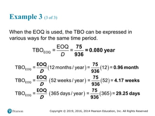 Copyright © 2019, 2016, 2014 Pearson Education, Inc. All Rights Reserved
Example 3 (3 of 3)
When the EOQ is used, the TBO can be expressed in
various ways for the same time period.
EOQ
EOQ
TBO = =
D
75
= 0.080 year
936
   
   
   
EOQ
EOQ
EOQ
TBO = 12 months / year = 12 =
TBO = 52 weeks / year = 52 =
TBO = 365 days / year = 365 =
75
0.96 month
936
75
4.17 weeks
936
75
29.25 days
936
EOQ
EOQ
EOQ
D
D
D
 