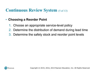 Copyright © 2019, 2016, 2014 Pearson Education, Inc. All Rights Reserved
Continuous Review System (5 of 13)
• Choosing a Reorder Point
1. Choose an appropriate service-level policy
2. Determine the distribution of demand during lead time
3. Determine the safety stock and reorder point levels
 
