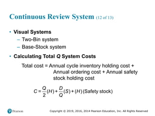 Copyright © 2019, 2016, 2014 Pearson Education, Inc. All Rights Reserved
Continuous Review System (12 of 13)
• Visual Systems
– Two-Bin system
– Base-Stock system
• Calculating Total Q System Costs
Total cost = Annual cycle inventory holding cost +
Annual ordering cost + Annual safety
stock holding cost
= ( ) + ( ) + ( ) (Safety stock)
2
Q D
C H S H
Q
 
