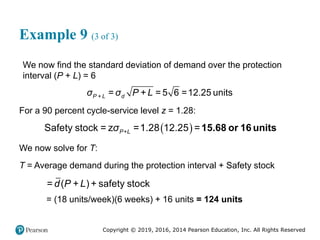Copyright © 2019, 2016, 2014 Pearson Education, Inc. All Rights Reserved
Example 9 (3 of 3)
We now find the standard deviation of demand over the protection
interval (P + L) = 6
= = 5 6 =12.25 units
P + L d
σ σ P + L
For a 90 percent cycle-service level z = 1.28:
 
Safety stock = z =1.28 12.25 =
P+L
σ 15.68 or 16 units
We now solve for T:
T = Average demand during the protection interval + Safety stock
= ( ) + safety stock
d P + L
= (18 units/week)(6 weeks) + 16 units = 124 units
 